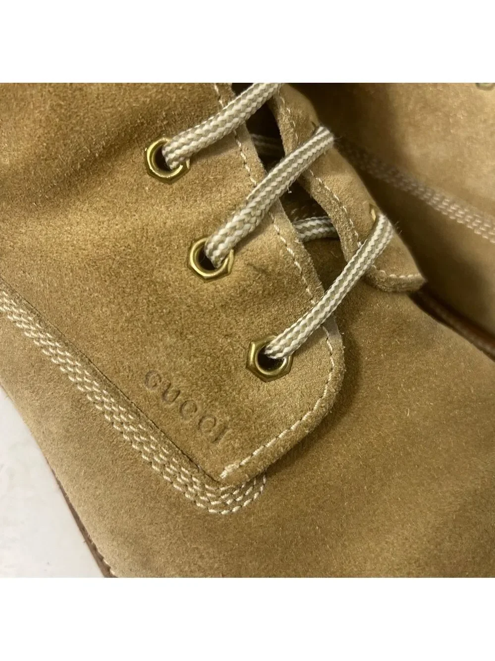 GUCCI Men’s Leather Suede Timberland Style Boots Logo Beige Lace Up 9.5D
